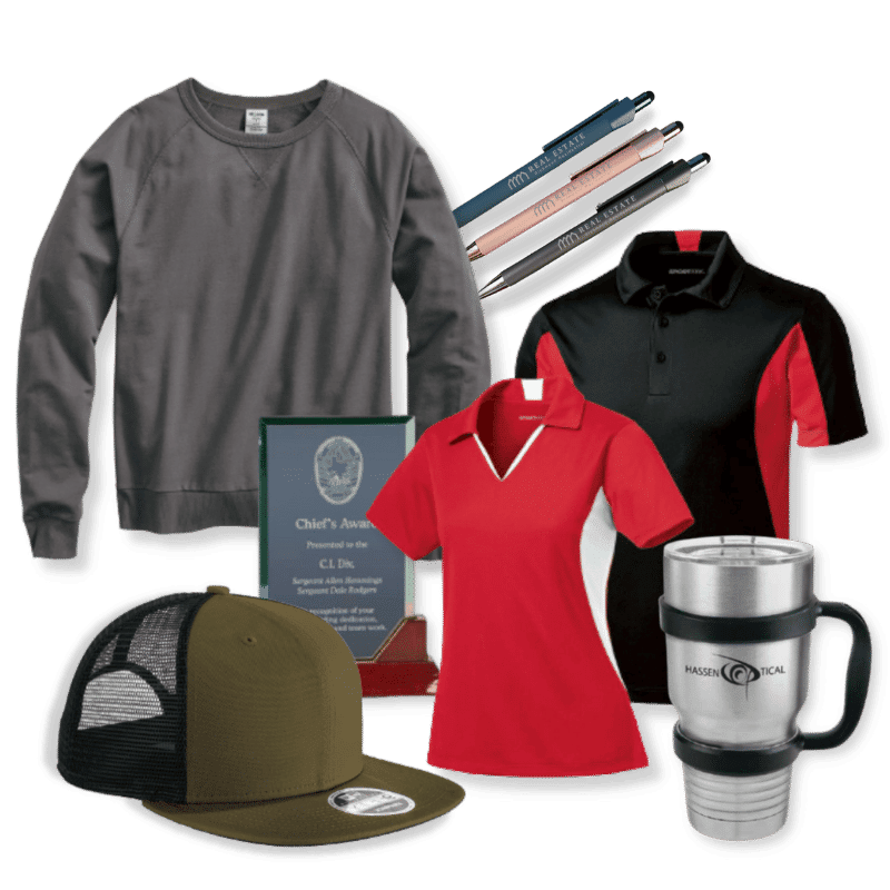A collage of promotional products like shirts, hats, and cups